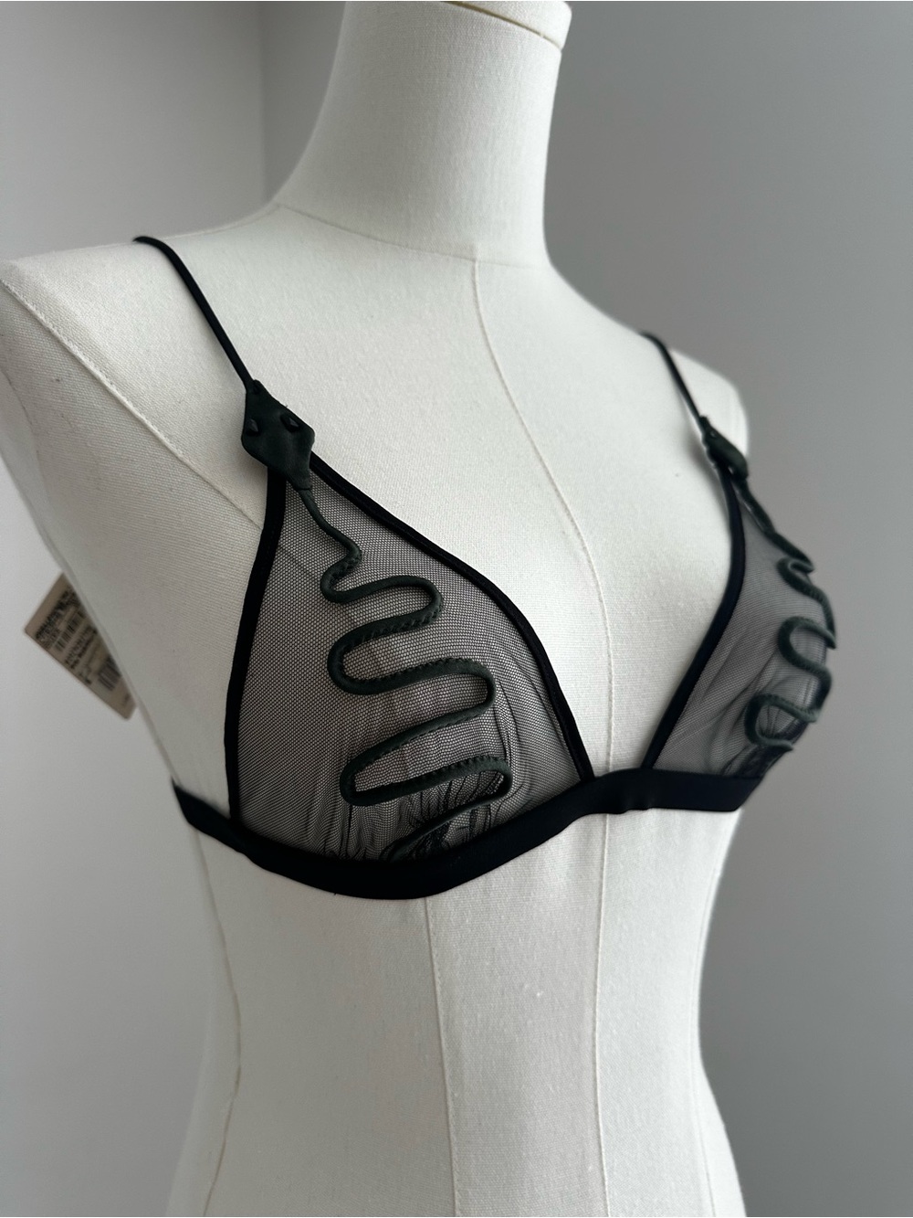 New La Perla Black Sheer Mesh Bralette with green serpent  Trim and Swarovski cr